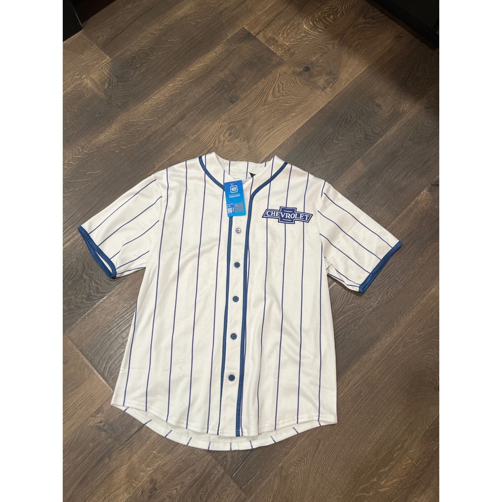 GM Official Chevrolet Super Service‎ Baseball Jersey White Blue Pinstripe Small